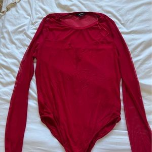 Plunge neckline mesh long sleeve bodysuit